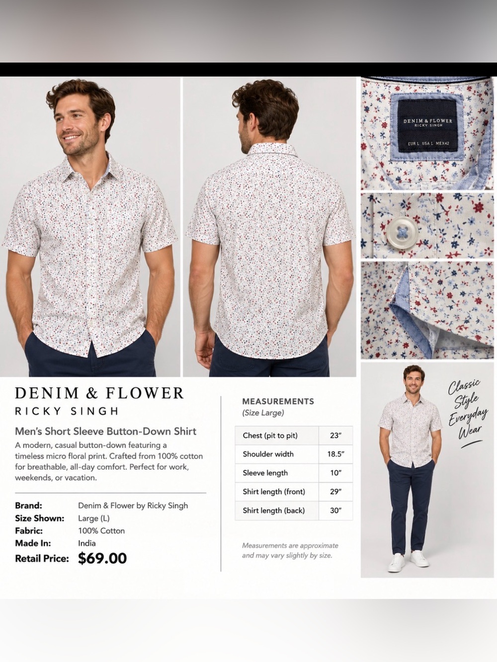 Denim & Flower White Short-Sleeve Button-Down with Red and Blue Floral Print
